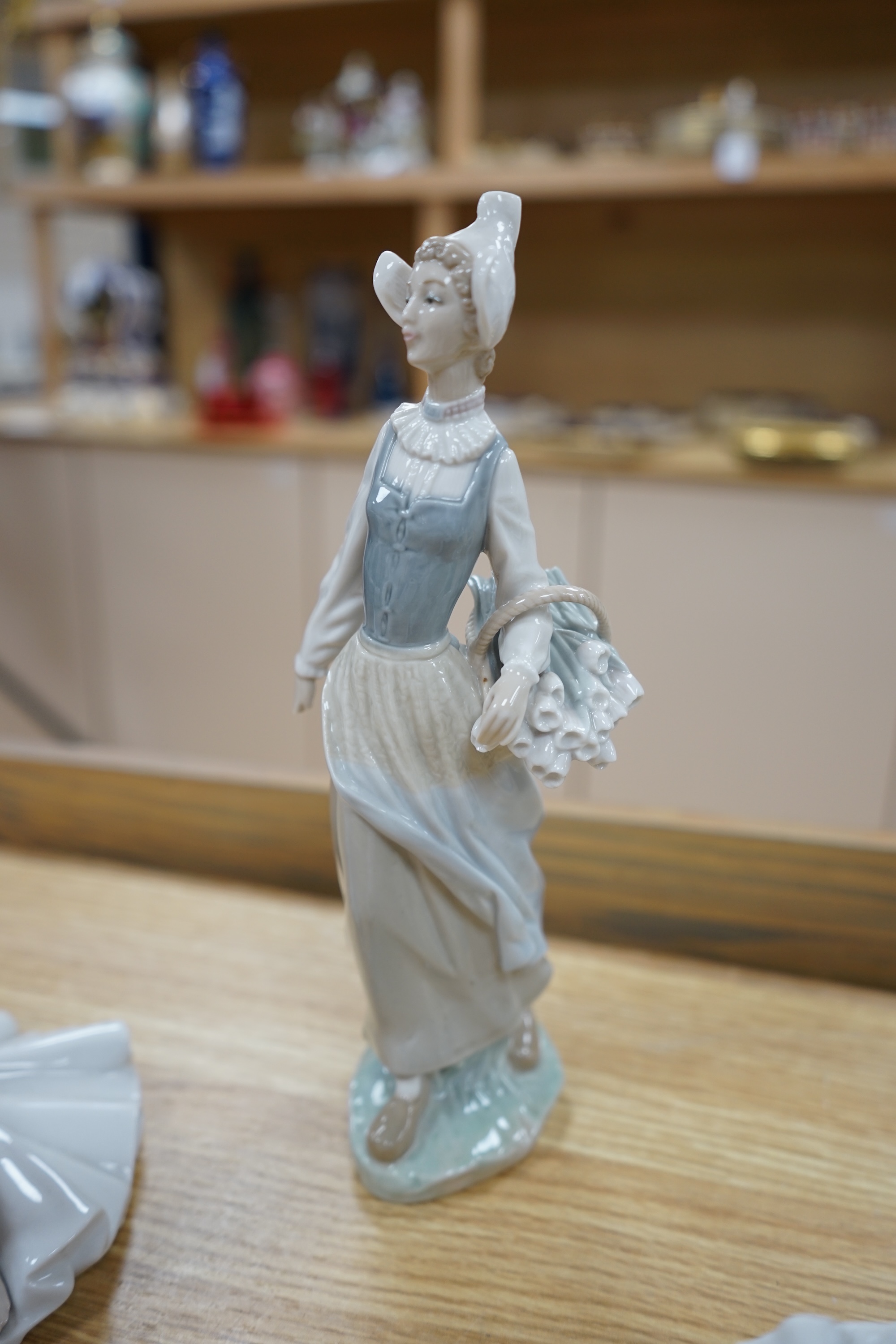 Five Lladro figurines and birds together with a Royal Doulton figure ‘Elegance’, HN2264, largest 36cm high. Condition - good